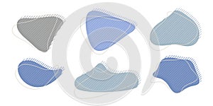 Collection of organic irregular blob shape with decorative stripes and stroke line. Gray blue random deform circle spot