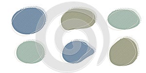 Collection of organic irregular blob shape with decorative stripes and stroke line. Gray blue random deform circle spot