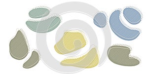 Collection of organic irregular blob shape with decorative stripes and stroke line. Gray blue random deform circle spot