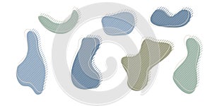 Collection of organic irregular blob shape with decorative stripes and stroke line. Gray blue random deform circle spot