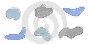 Collection of organic irregular blob shape with decorative stripes and stroke line. Gray blue random deform circle spot
