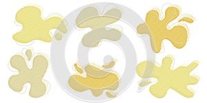 Collection of organic irregular blob shapes with decorative stripes and stroke line. Yellow random deform circle spot
