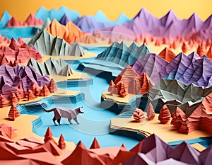Origami cat on canyon lake. Generative AI