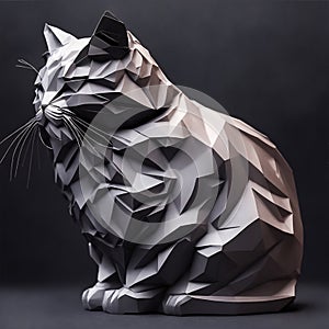 Among the collection of origami paper sculptures, the dramatic and silhouetted chubby gray cat figures captivate attention