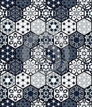 Collection of ornamental hexagonal tiles. Vector seamless patchwork pattern.