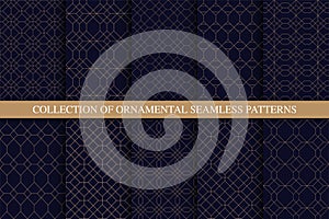 Collection of ornamental seamless stylish patterns. Grid geometric luxury blue backgrounds. Linear rich golden textures