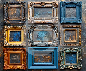 A collection of ornate vintage frames in various sizes and colors, some empty and others with abstract art, arranged in