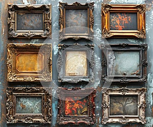 A collection of ornate vintage frames in various sizes and colors, some empty and others with abstract art, arranged in