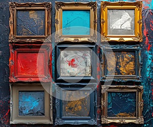 A collection of ornate vintage frames in various sizes and colors, some empty and others with abstract art, arranged in