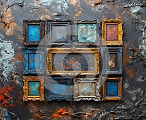 A collection of ornate vintage frames in various sizes and colors, some empty and others with abstract art, arranged in