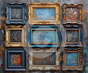 A collection of ornate vintage frames in various sizes and colors, some empty and others with abstract art, arranged in