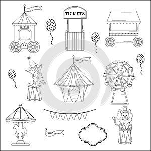 Collection of outline circus. Tent, clown, ticket office, lion