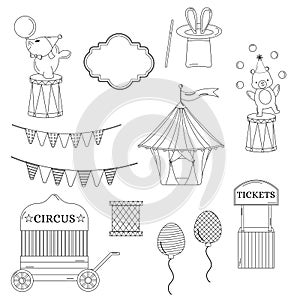 Collection of outline circus. Tent, hare in a hat, fur seal, garland, ball, bear, ticket office