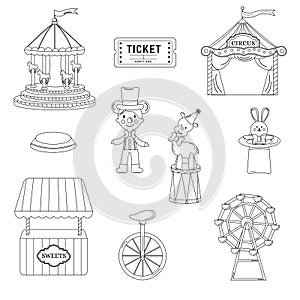 Collection of outline circus. Tent, toy, carousel, tickets