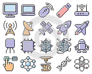 Collection of outlined pixel technology icons