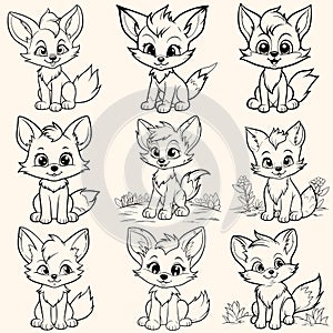 Collection pack of foxes coloring page for children.?artoon style hand drawing vector in black outline on a white background