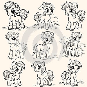 Collection pack of pony coloring page for children.?artoon style hand drawing vector in black outline on a white background