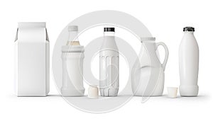 Collection of packaging for dairy products, plastic and glass bottles for milk and yogurt isolated on white photo