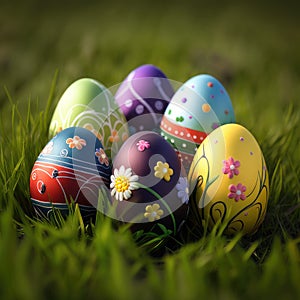 A collection of painted easter eggs celebrating a Happy Easter on a spring day with green grass meadow background with copy space