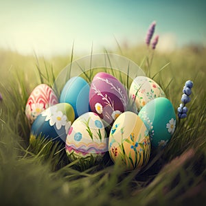 De pintado pascua de resurrección huevos celebra feliz pascua de resurrección sobre el primavera césped verde prado copiar espacio 