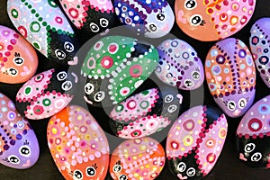 Painted Kindness Rocks Decorated like Colorful Bugs in a Design photo