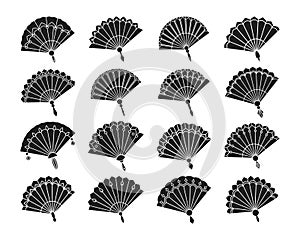 Collection of paper fans. Hand fan. Black silhouettes of Chinese, Japanese paper folding fans, traditional Asian souvenirs.