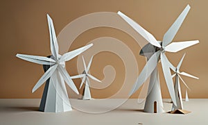 A collection of paper windmills are displayed on a table, with one of them being a small one.