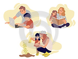 Collection of parents help their child in learning