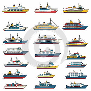 Collection of Passenger Ships and Ferries Vector Illustrations