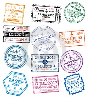 Collection of Passport Stamps Isolated on White. Vector Illustration