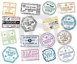 Collection of Passport Stamps Isolated on White. Vector Illustration. Set from Different Countries and Cities