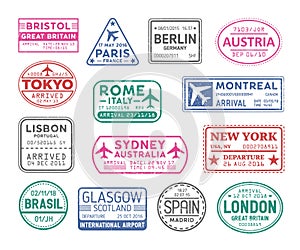 Collection of passport visa stamps isolated on white background. Bundle of travel or touristic marks. Set of round