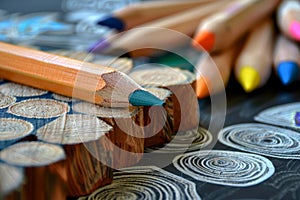 A collection of pencils laid out neatly on top of a wooden table, A pencil and sketchbook representing the arts and creativity in