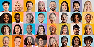 Collection of people of different races on studio backgrounds, collage