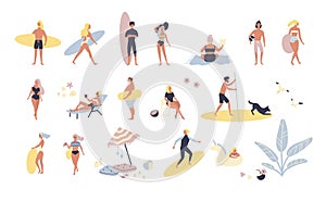 Collection of people performing summer outdoor activities at beach - sunbathing, walking, carrying surfboard, swimming