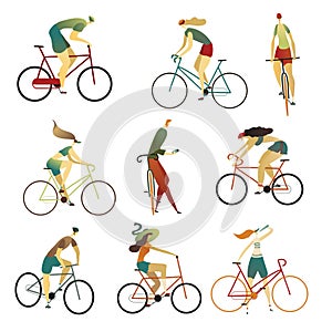 Collection of people riding bicycles of various types. Set of cartoon men and women on bikes. Vector illustration.