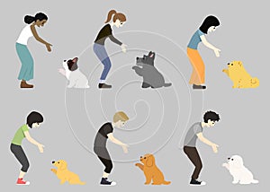 Collection of people shaking hands with cute small dogs flat colored