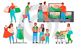 Collection of people shopping. Men and women buy clothes and groceries, gifts and household appliances