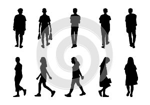 Collection people silhouettes walking, Men and women  on white background