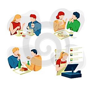 Collection of people sitting and eating different delicious meals. Set of men and women tries tasty food at restaurant