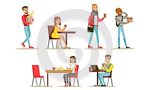 Collection of People Sitting at Tables, Drinking Coffee or Tea at Cafe, Visitors Buying Desserts, Baguette and Drinks at