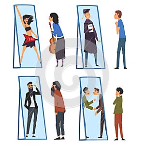 Collection of People Standing in Front of Mirror Looking at Their Reflection and Imagine Themselves as Successful