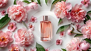 a collection of perfume bottles adorned with delicate flowers, set against a soft, light background, with ample space