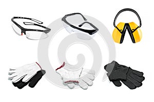Collection Personal protective equipment on white background.