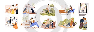 Collection of pets life with their owners in various scene vector flat illustration. Man, woman and child with domestic