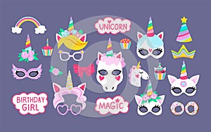 Collection of photo booth props for birthday unicorn party.