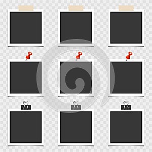 Polaroid Collection of photo frame with pin and adhesive tape on gray background. Template, blank. Vector illustration