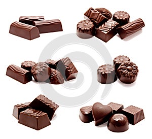 Collection of photos assortment of chocolate candies sweets isolated