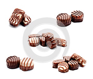 Collection of photos assortment of chocolate candies sweets isolated