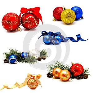 Collection of photos christmas decoration gold red blue silver balls with fir cones and fir tree branches isolated